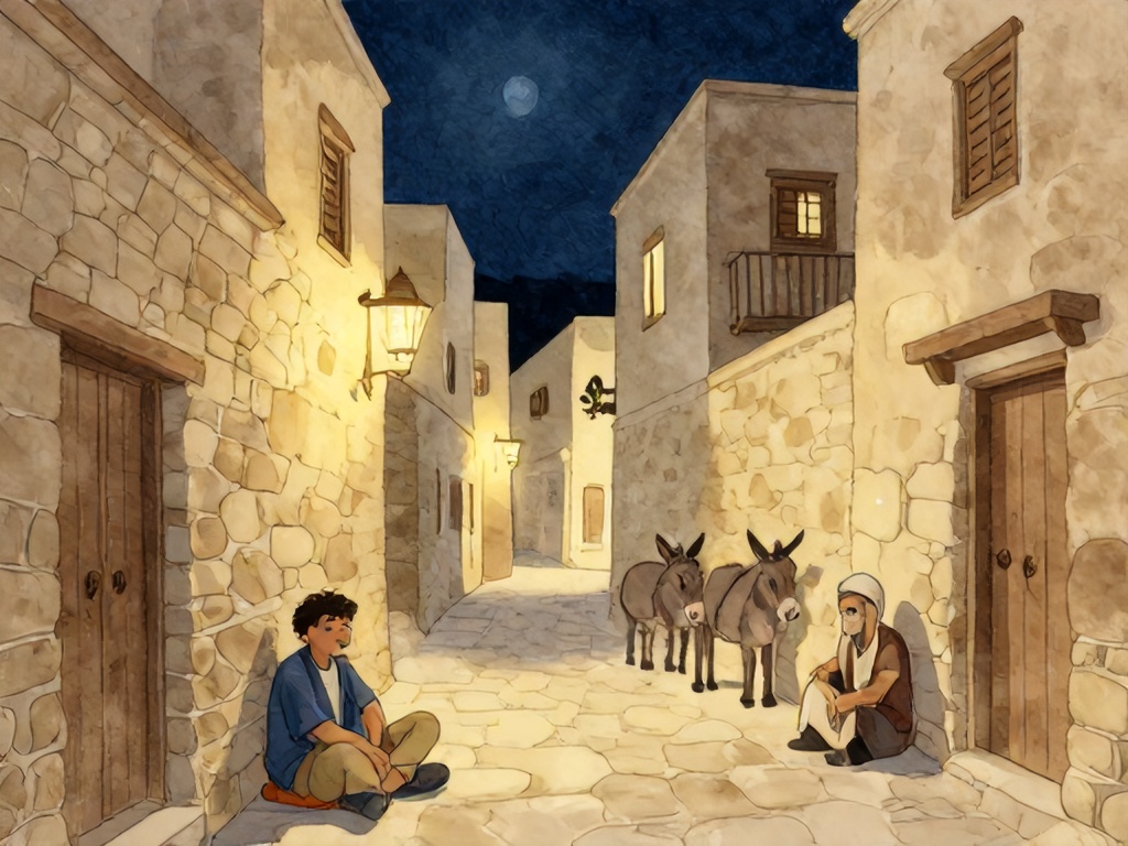 夜幕下的古代中东小城街道，一名旅人和仆人牵着两匹驴，疲惫地坐在石墙边的地上，四周房屋的门窗紧闭，只有几处窗缝透出微弱的灯光，冷蓝的夜色，古以色列中东历史背景，柔和的水彩童书风格