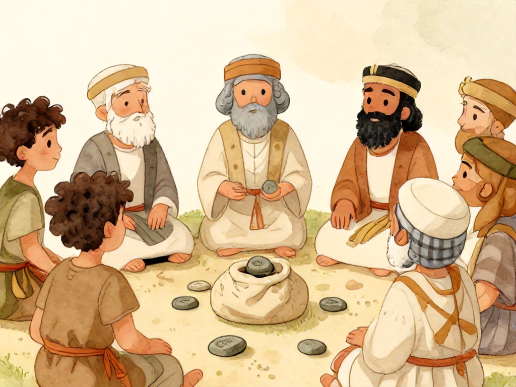 古代以色列中东历史背景，以色列众族长围坐一圈，在会幕前拈阄分城，从布囊中抽出写着城名的石块，气氛公平而庄重，柔和的水彩儿童绘本风格，无文字