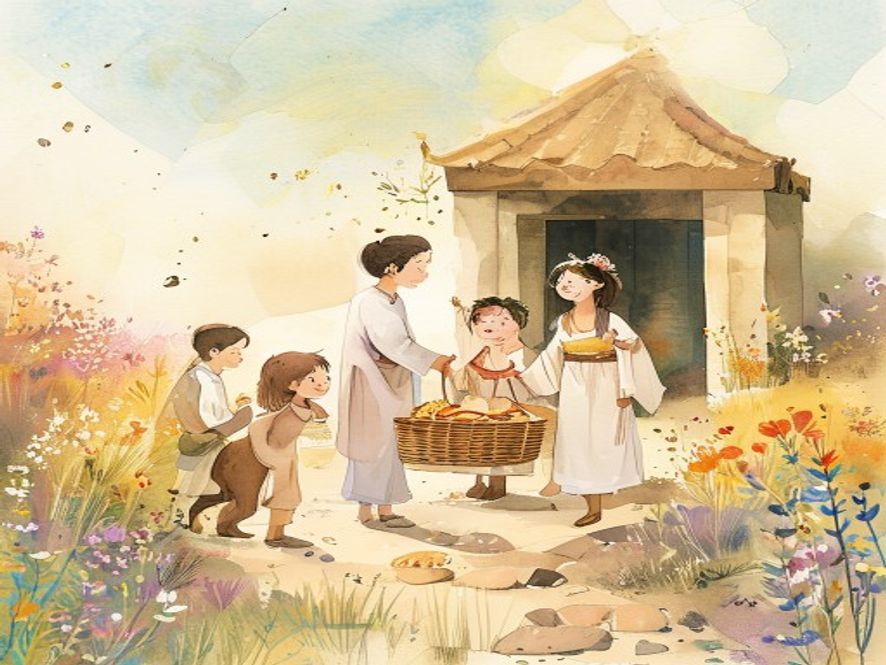 一家人带着公牛和饼来献感谢祭